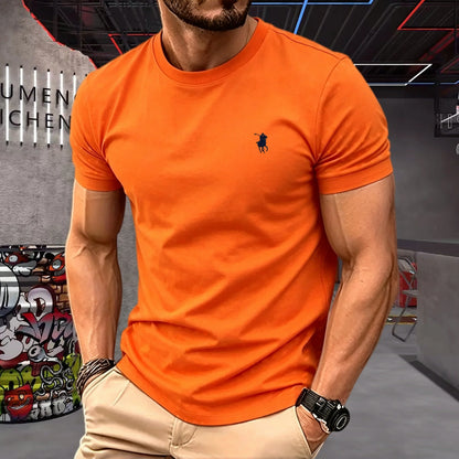 100% pure cotton 2026 high-end brand men's short sleeved round neck top summer fashion luxury pony embroidery top sports T-shirt