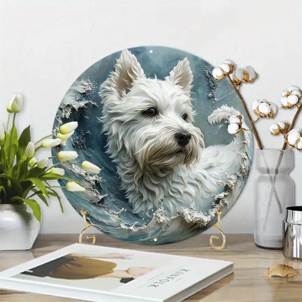 Aluminum Sign Faux Resin Painting Round Sign Room Decoration Valentine's Day Gifts West Highland White Terrier Theme Decoration