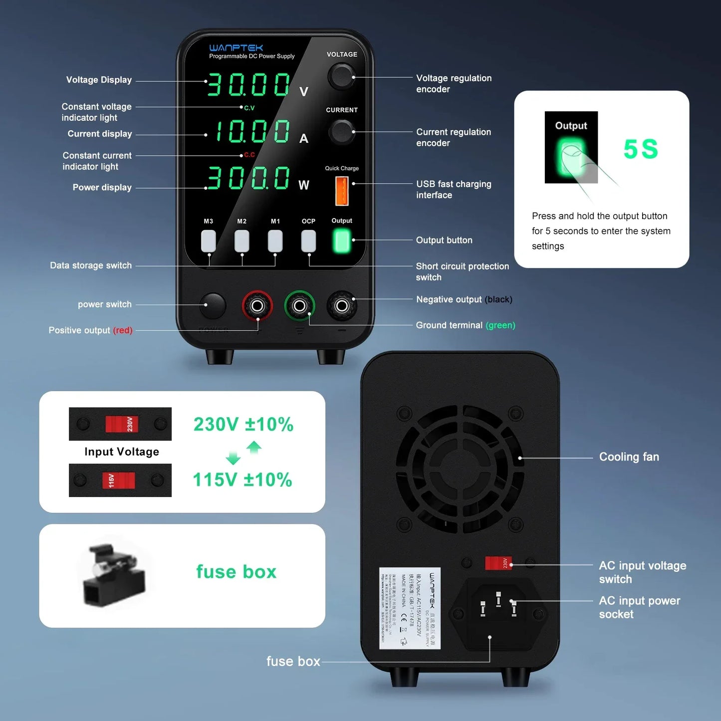 Wanptek DC Laboratory Power Supply 30V 10A 60V 5A 120V 3A Adjustable Voltage Current Applicable voltage 110V 220V Power Supply
