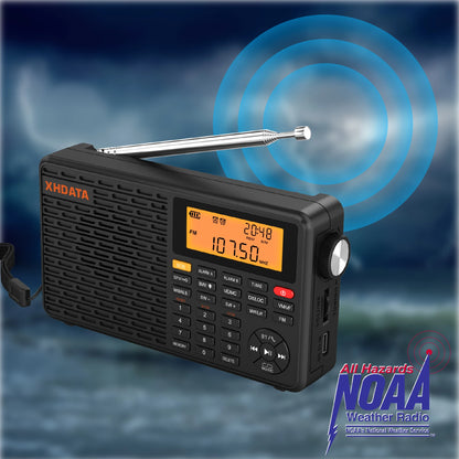 XHDATA D-109WB AM FM Stereo SW MW LW Digital Alarm Clock Portable Radio With Rechargeable Battery USB-C and Weather Forecast