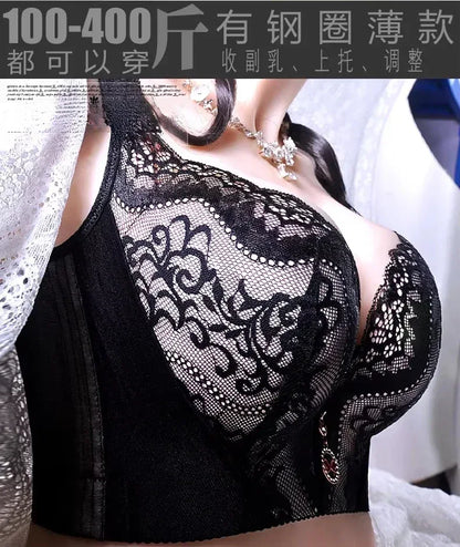 Plus Size Push Up Bra Sexy Lace Underwire - Full Coverage Lingerie for Curvy Women, Wide Side Wings & Thin Cup Support Big Bust