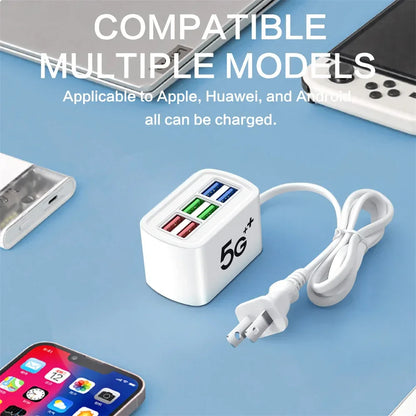 Fast Charging Desktop Power Strip 6-in-1 USB Charger Station with 1M Cord Quick Charge for iPhone 16 17 Samsung Xiaomi Huawei