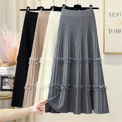 Lace Ruffle Mesh Patchwork Knitted Midi Pleated Skirt Women 2024 Autumn Winter High Waist Umbrella Solid Skirt A-Line Long Skirt