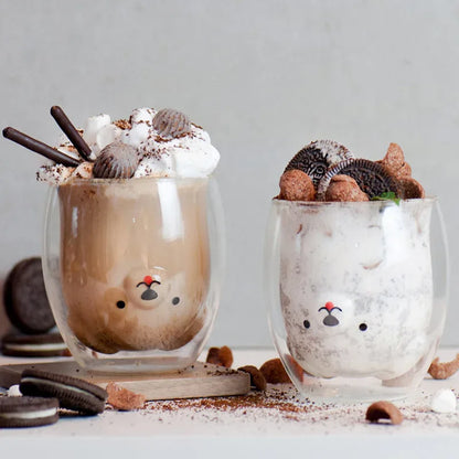 280ML Double Glass Cup Coffee Mug Bear Cat Dog Animal Transparent Cute Milk Juice Tea Drinking Cups Birthday Party Wine Glasses