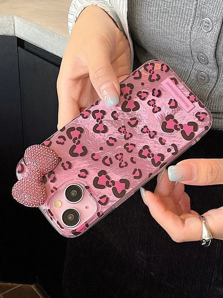 Sexy Leopard Diamond Bowknot Lustre Lining Phone Case for OPPO A18 A17 A16 A15 A38 A58 A78 A94 A74 A54 A57 A77 A53 A3X A40 A60