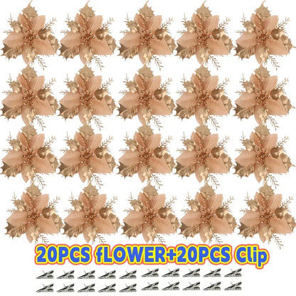 40PCS Artificial Glitter Christmas Flowers with Clips for Xmas Tree Ornament Fake Flower Floral New Year Party Home Decoration
