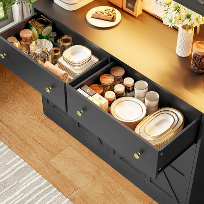 71 Inch Pantry with LED Light and Charging Station, Farmhouse Kitchen Pantry with Microwave Mount, 47.2 Inch Wide Kitchen Pantry