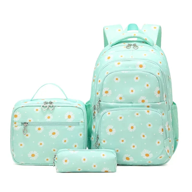 Daisy Pattern School Bag Backpack Pencil Case Handbag Three Piece Set Nylon Fabric Waterproof Boys Girl Teenagers Trend Backpack