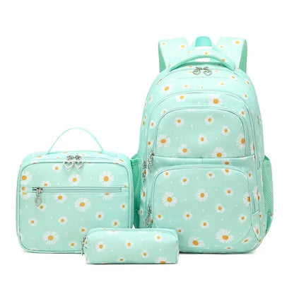 Daisy Pattern School Bag Backpack Pencil Case Handbag Three Piece Set Nylon Fabric Waterproof Boys Girl Teenagers Trend Backpack
