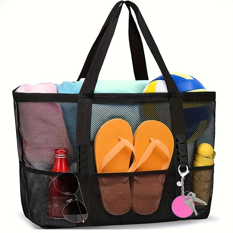 Mesh beach bag, one shoulder mesh shower, fitness, swimming bag, large capacity handheld travel cosmetics storage bag