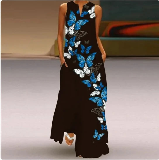Sleeveless Feather Printed Dress Bohemian Vest Dresses Trendy Beach Casual Loose Robe Colorful Summer