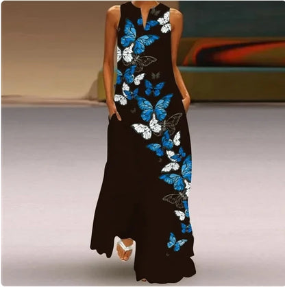 Sleeveless Feather Printed Dress Bohemian Vest Dresses Trendy Beach Casual Loose Robe Colorful Summer