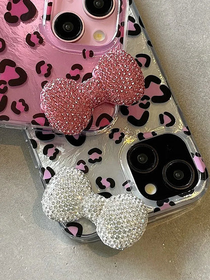 Sexy Leopard Diamond Bowknot Lustre Lining Phone Case for OPPO A18 A17 A16 A15 A38 A58 A78 A94 A74 A54 A57 A77 A53 A3X A40 A60