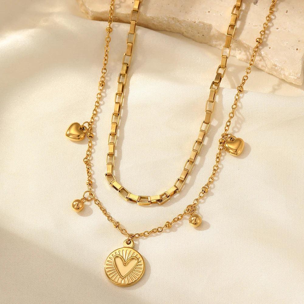woiwoi Stainless Steel Necklace Luxury Exquisite Peach Heart Double Layer Bone Chain Ladies Jewelry Birthday Anniversary Gift