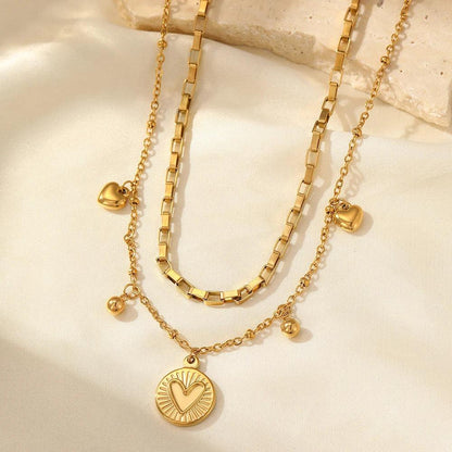 woiwoi Stainless Steel Necklace Luxury Exquisite Peach Heart Double Layer Bone Chain Ladies Jewelry Birthday Anniversary Gift