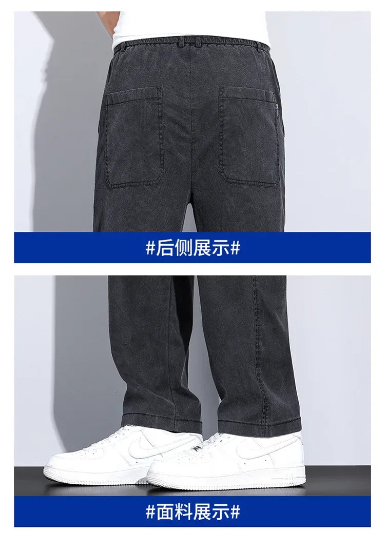 2024 Summer Jeans for Men Thin Soft Lyocell Fabric Loose Straight Wide Leg Pants Elastic Waist Casual Trousers Plus Size M-5XL
