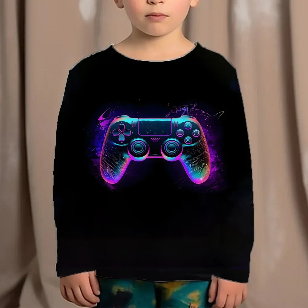 Top Clothes For Children Clothing Autumn Games Console Black T-Shirt Kids Tees Long Sleeve Tshirt From 10 To 12 Years Old Boys