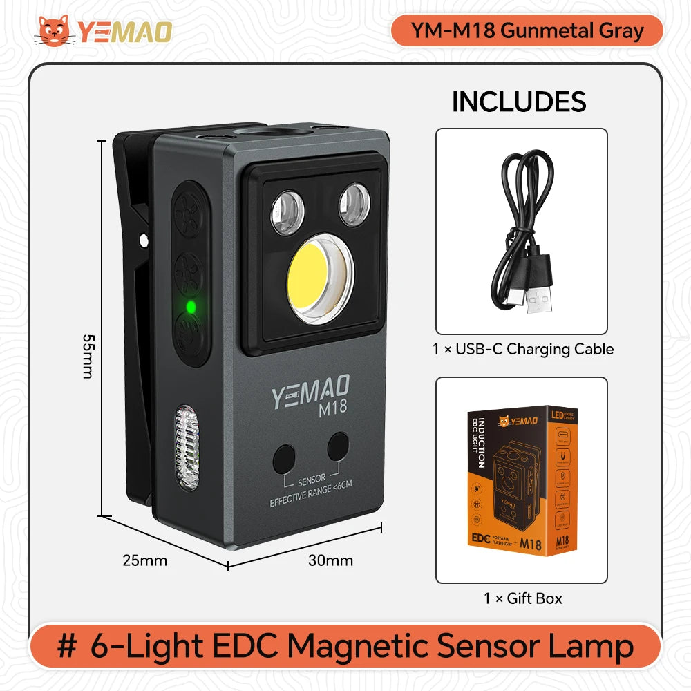 YEMAO M18 270LM Clip Pocket Flashlight 7 Color RGB Built-in 500mAh Battery Rechargeable 6 Light EDC Magnetic Sensor Lamp UVLight