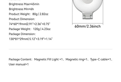 TELESIN Magnetic 360° Rotation RGB Fill Light Mini Selfie Light 3 Mode Adjustable Color Brightness for Smartphone Iphone Android
