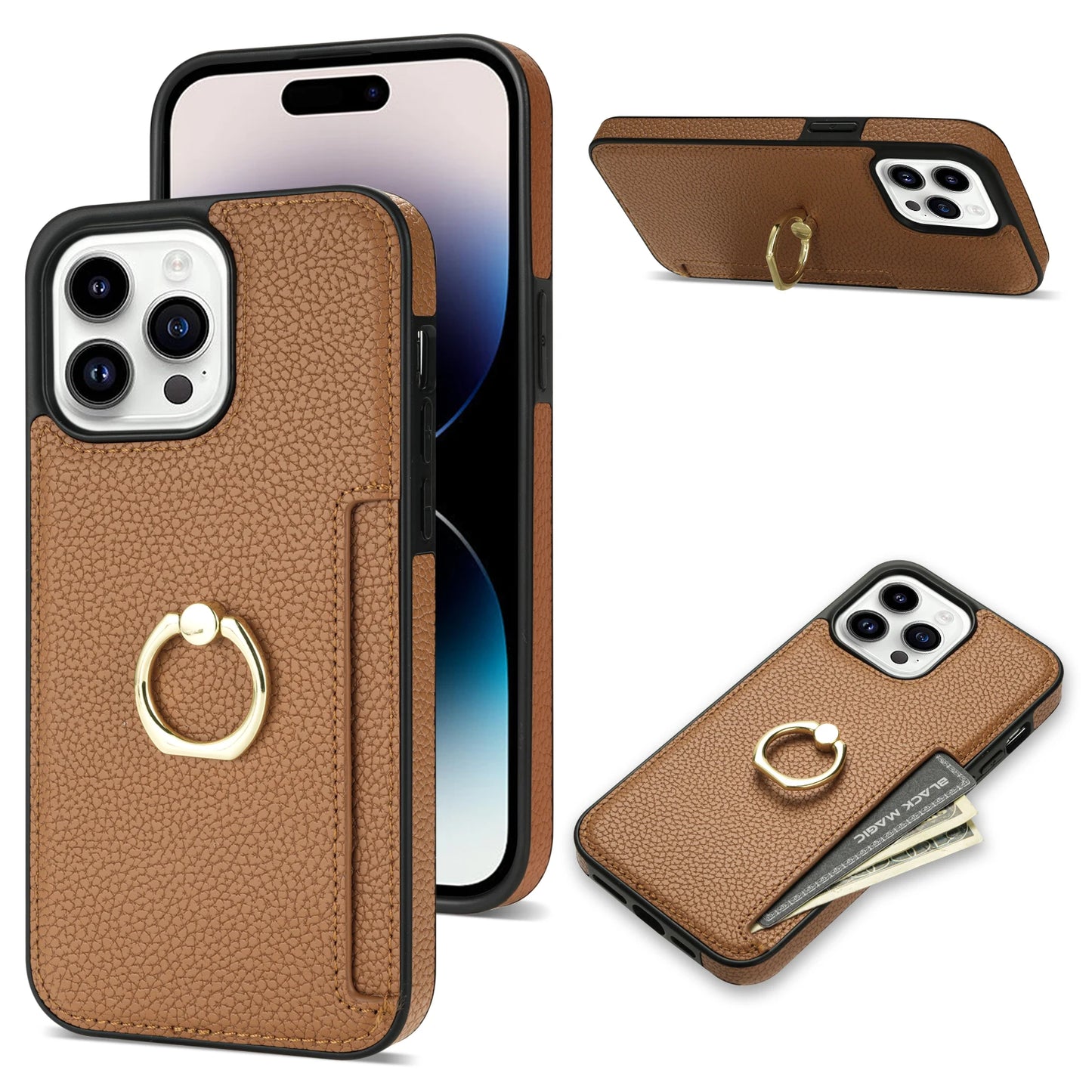 Leather Wallet Phone Case for iPhone Air 17 16 15 14 13 12 11 Pro Max XS XR X 7 8 Plus Ring Holder Card Solt Litchi Stand Cover