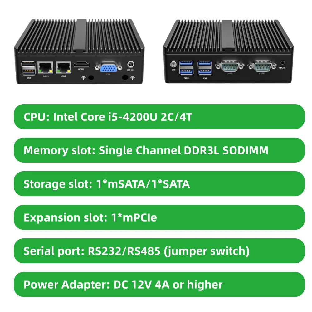 Fanless Industrial Mini PC 4th Gen Intel Processor Dual LAN 2x COM Ports Rugged Silent Computer for Automation IoT Gateway G30