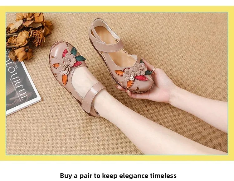 New 2025 Ladies Flat Sandals Soft Leather Anti-Slip Bottom Ethnic Style Comfortable Soft Surface Design for Elderly People