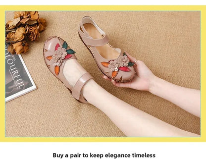 New 2025 Ladies Flat Sandals Soft Leather Anti-Slip Bottom Ethnic Style Comfortable Soft Surface Design for Elderly People