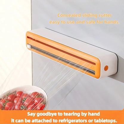 Large Size Plastic Wrap Dispenser with Cutter, Dual Slide Cutting Multifunctional Foil & Parchment Paper Cutter, Reusable Kitchen Film Sealing Machine, Compatible with Plastic Wrap, Aluminum Foil, Baking Paper & Wax Paper, Du