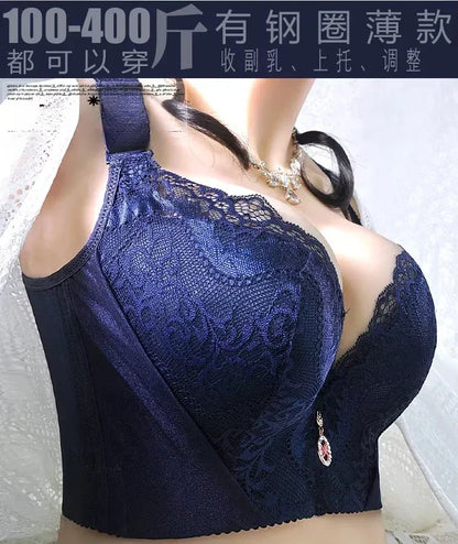 Plus Size Push Up Bra Sexy Lace Underwire - Full Coverage Lingerie for Curvy Women, Wide Side Wings & Thin Cup Support Big Bust