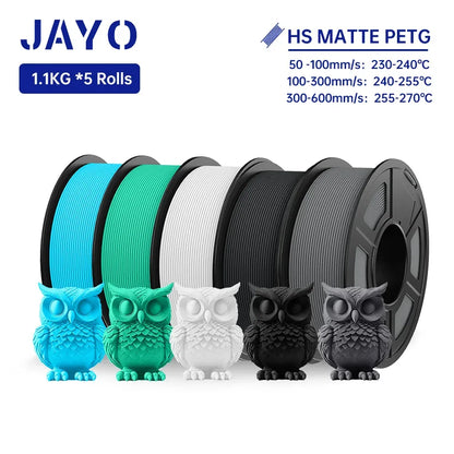 JAYO PETG 3D Filament 1.75MM High Speed PETG 3D Printer Filament 5Rolls High Flow Speedy Matte Effect 3D Printing Mateials