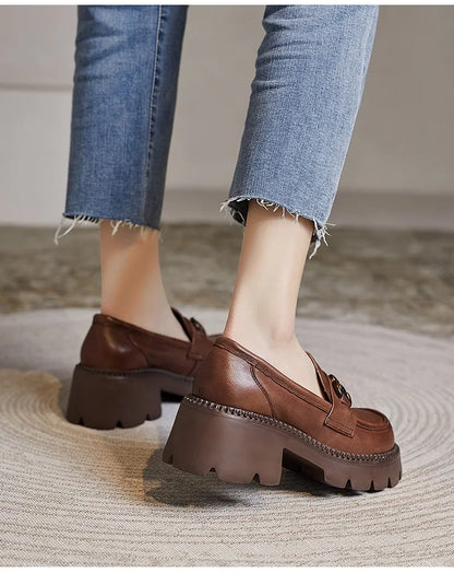 DRKANOL Women Thick Heel Loafers Slip On Pumps Spring Autumn New Design Metal Genuine Leather Round Toe High Heel Platform Shoes