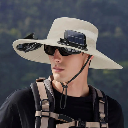 Solar Fan Hat for Men Women, Wide Brim Sun Protection Hat with Dual Solar Fans, 2-in-1 Hands-Free Cooling Cap for Hiking & Work