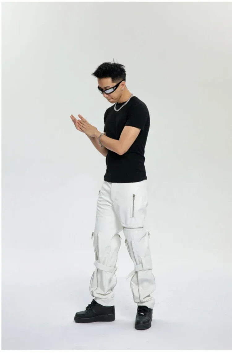 Mauroicardi Spring Autumn Cool Black Pu Leather Pants Men with Many Zippers Belt Luxury Designer Clothing Trousers Fashions 2023