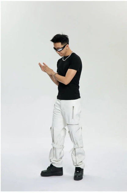 Mauroicardi Spring Autumn Cool Black Pu Leather Pants Men with Many Zippers Belt Luxury Designer Clothing Trousers Fashions 2023
