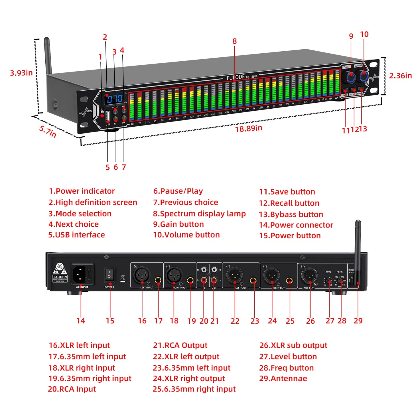 FULUODE EQ315 Professional Digital Equalizer Tuner for Stage Audio Noise Reduction with Segmented Display Audio Performance Equi