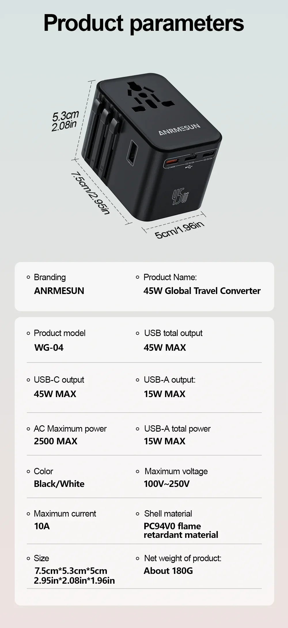 Global Universal Conversion Travel Plug 2 Type-C Sockets EU US AC Power Travel Adapter PD 65w 45w 25w Travel Plug Fast Charging