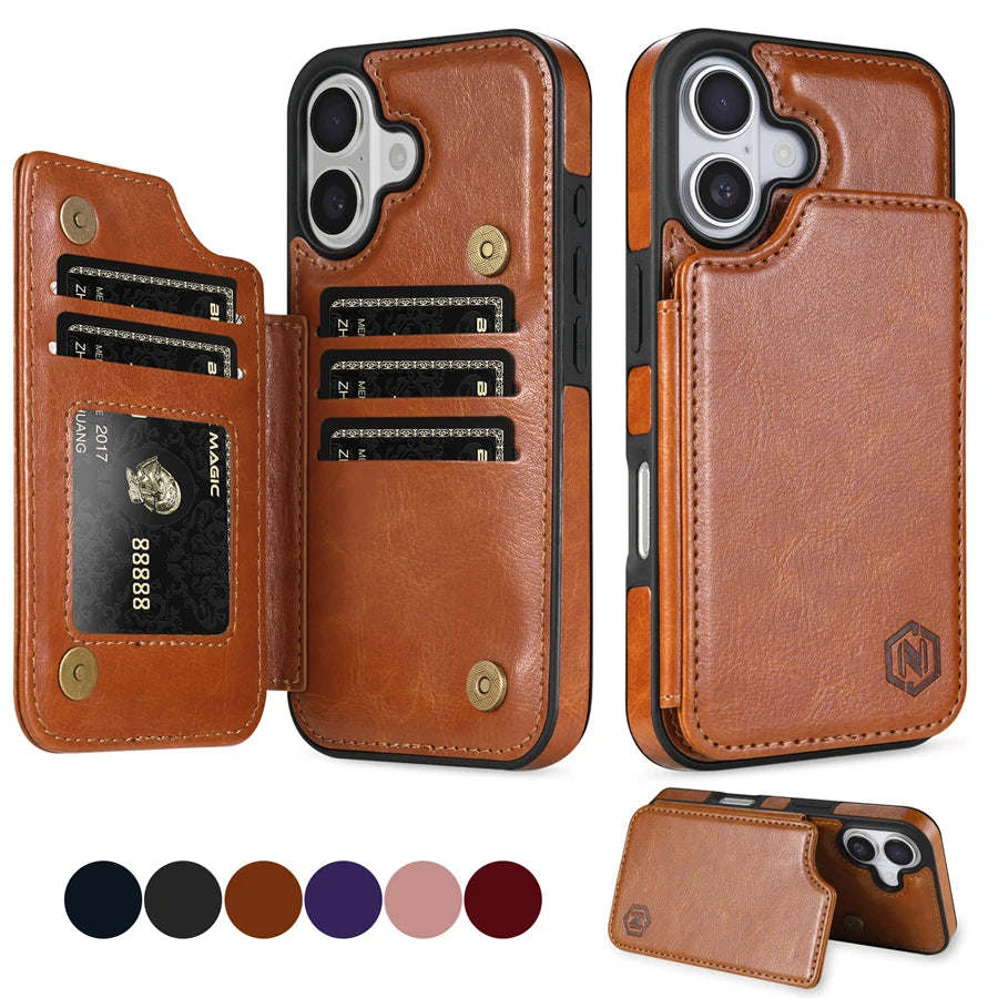 Wallet RFID Blocking Layer Protect Anti-Theft Magnetic Leather Case For iPhone Air 17 Pro Max 16e 15 Plus 14 13 12 11 Card Bag