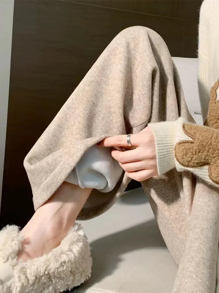 Autumn Winter Plush Pants Women  Soft Straight Tube Flared Pants High Elasticity Waist Casual Fashion Knited Woolen Pants
