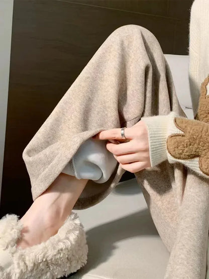 Autumn Winter Plush Pants Women  Soft Straight Tube Flared Pants High Elasticity Waist Casual Fashion Knited Woolen Pants