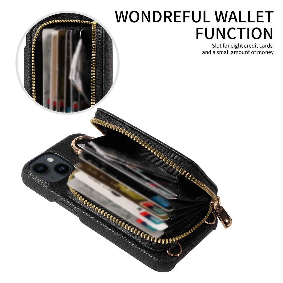 Newly Designed Deluxe Zipper Card Case for IPhone16promax 15 14 PU Leather Phone Case with Crossbody Lanyard Wallet Function