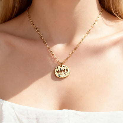 Mother's Day Thanksgiving Pendant Necklace Colorful Full Zircon Irregular Round Letter Mama Stainless Steel Paperclip Necklace