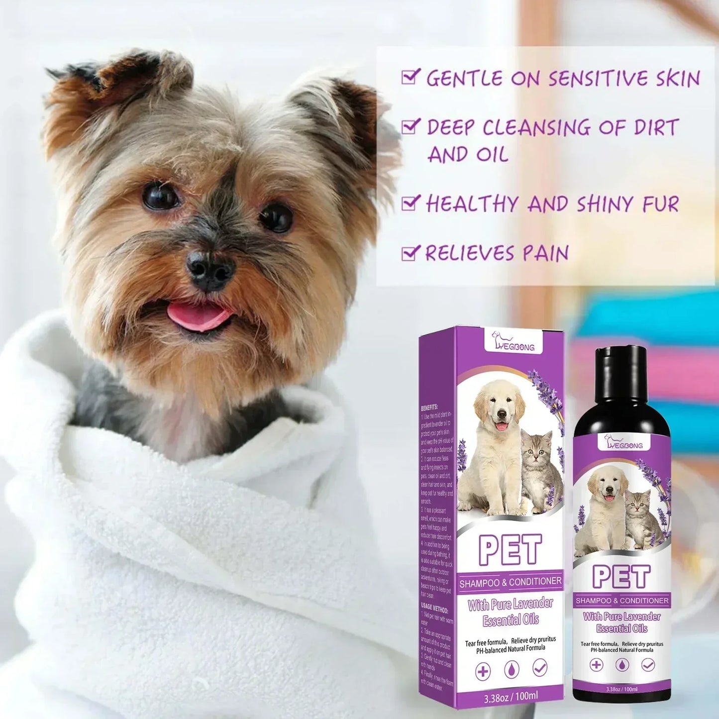 Pet Shampoo and Conditioner with Pure Lavender Essential Oils Tear Free Formula for Dogs andCats pH Balanced Gentle Groom 100ml