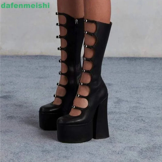 2026 New Women Pole Dance Shoes Hollow Mid-Calf Boots Platform Zipper Square Heel Buckle Strap Fashion Round Toe Sexy Boots by PDG ibma