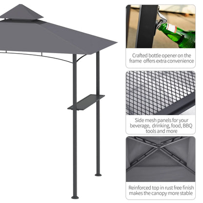 8' x 5' Grill Gazebo with Double Roof, Outdoor BBQ Canopy Gazebo with 2 Side Shelves for Patio Yard Garden Gray