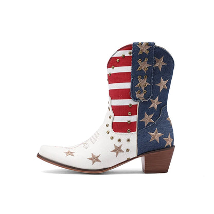 Women's Cowboy Western Boots USA Flag Ankle Booties Denim Studded Rivets Embroidery Stars Stripes Heeled Shoes 2024 New Footwear