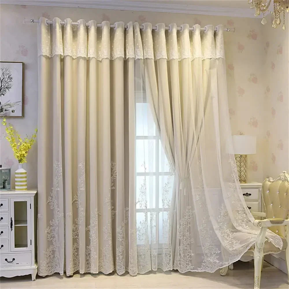 Luxury Beige Double Layer Embroidery Blackout Curtain for Bedroom Living Room European Delicate Sheer Plus Darkening Cloth Drape