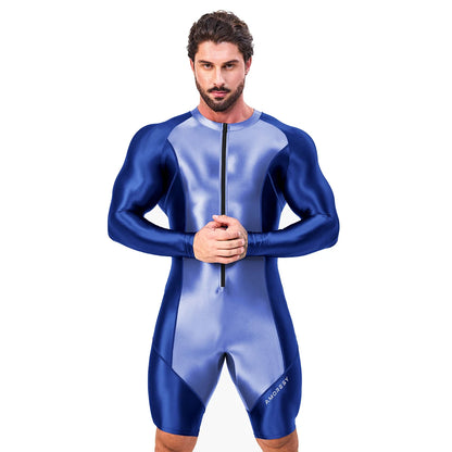 AMORESY Atticus Series Men Glossy Smooth Patchwork High Stretch Long Sleeve Knee Length Tracksuit Jumpsuit Bodysuit Fitness Gym
