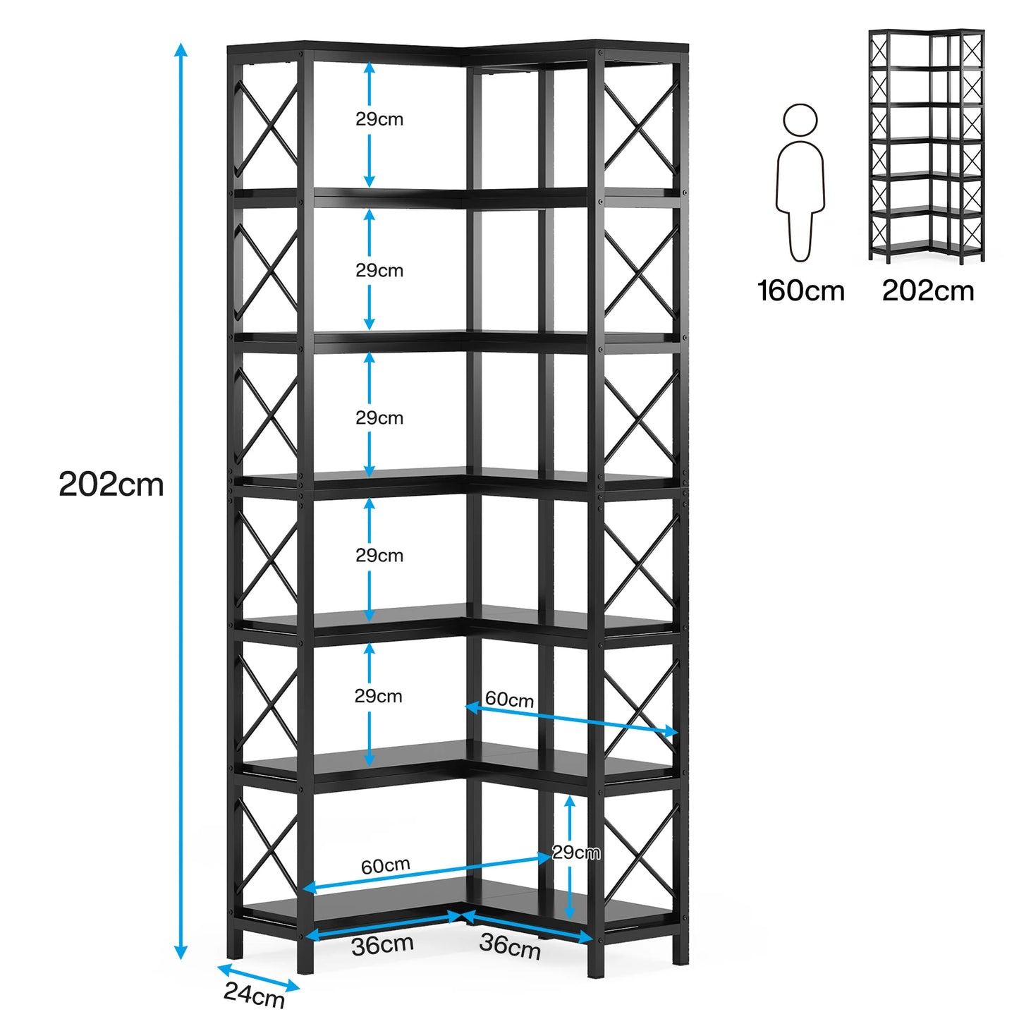 Bibliothèque d'angle à 7 niveaux LITTLE TREE, étagère de rangement haute à 7 niveaux avec structure en métal pour salon ou bureau à domicile