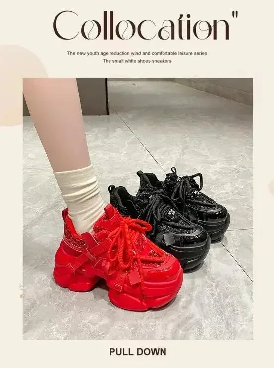 8CM Women Bling Red Chunky Sneakers Winter High Platform Warm Fur Shoes Ladies Wedges Casual Dad Shoes Leather Sports Sneakers