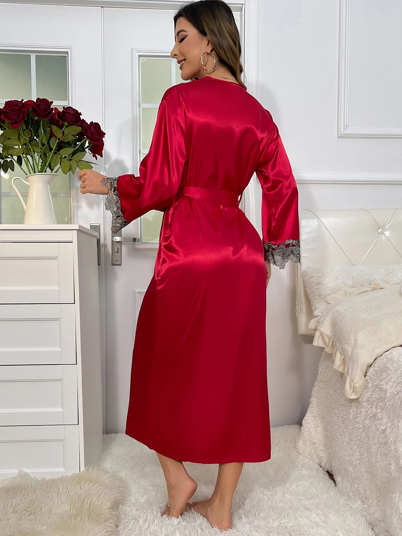 2cs Contrast Lace  Long Sleeve Belted Robe V Neck Slip Dress Sexy Elegant Women Pajamas  Sets